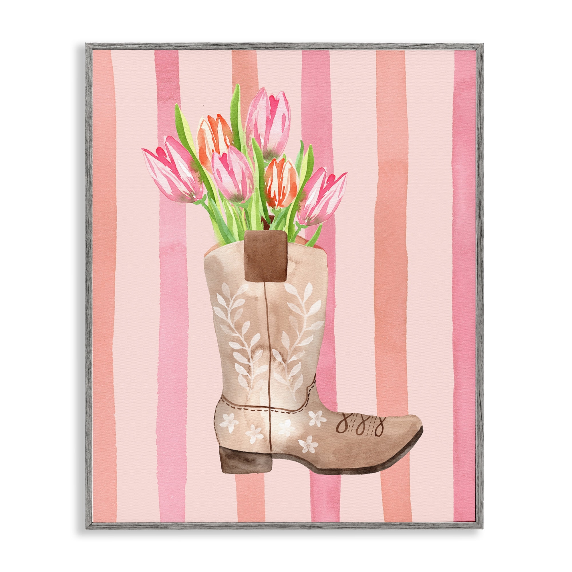 Tulip Cowgirl on Stripes Gray Framed Giclee Art, design by Nina Jacobs