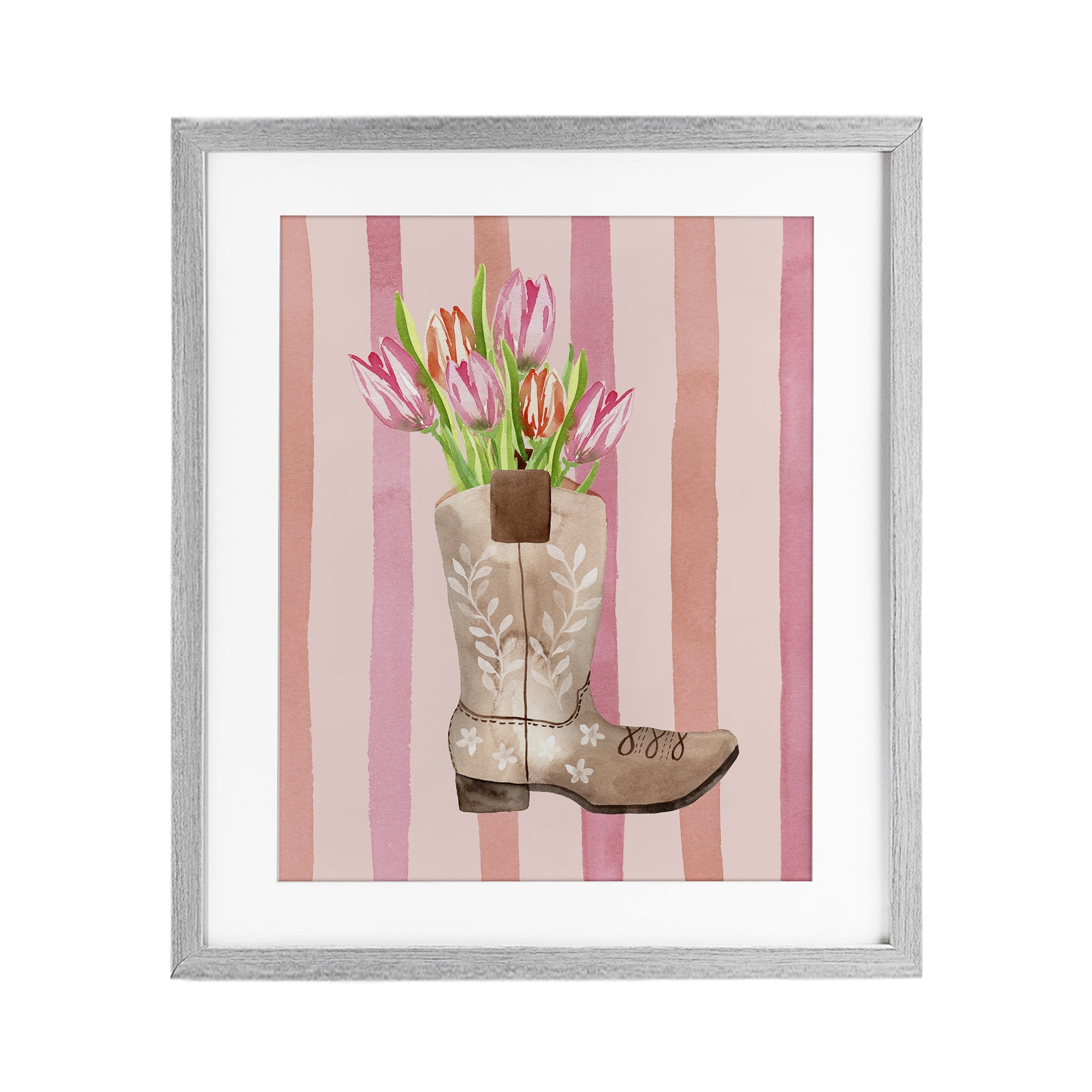 Tulip Cowgirl on Stripes Gray Framed Print Under Glass, design by Nina Jacobs