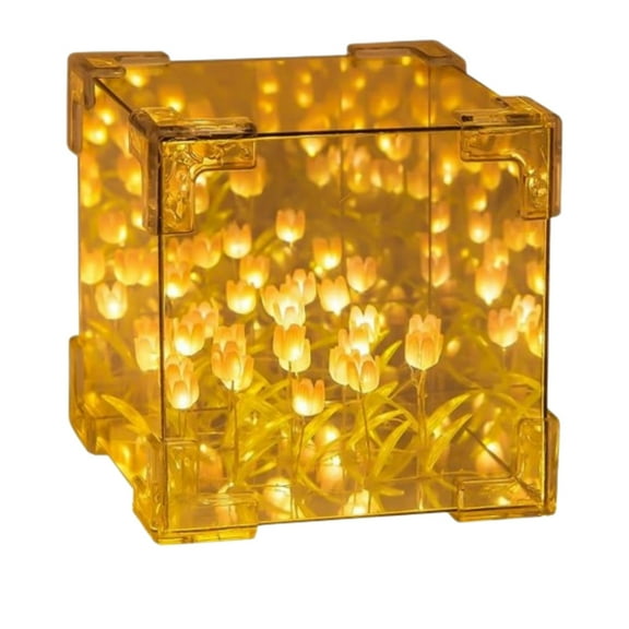 Tulip Cube Mirror Lamp,DIY Tulip Mirror Night Light for Bedroom Decor,Cube Mirror Table Lamp with 20 Tulip Flower,Topboutique Handmade Night Lamp,Yellow