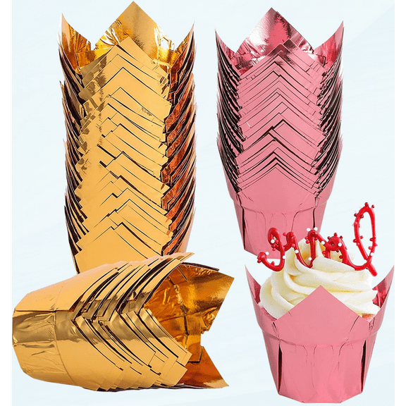 Tulip Cupcake Liners, 100pcs Gold Muffin Liners Baking Cups, 3.5 Ounce Disposable Rose Gold Cupcake Cups, Jumbo Aluminum Foil Cupcake Wrappers for Party, Wedding, Birthday, Christmas