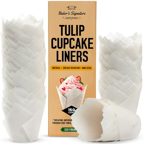 Tulip Cupcake Liners, Muffin Liners for Baking by Baker’s Signature – 150pcs of Parchment Paper Cups Cupcake Wrappers – Perfect Size, Sturdy, Greaseproof & Easy to Use – Wedding Decor – All White
