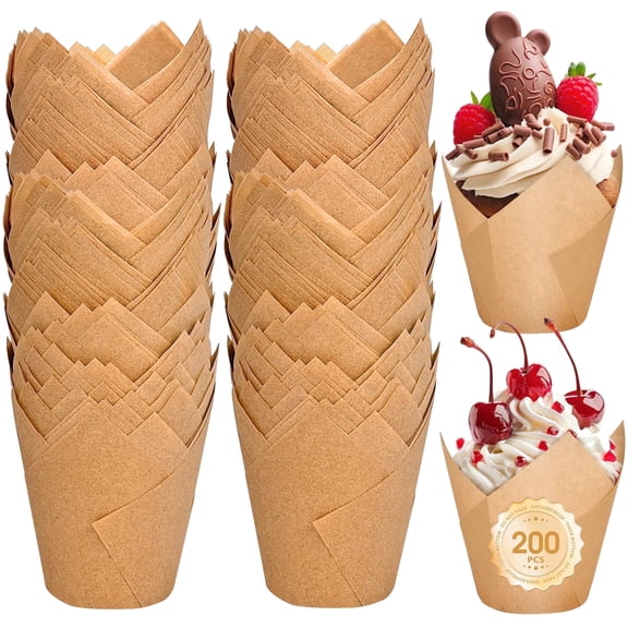 ReLuien Cupcake Home Tulip Cupcake Liners, Non-Stick 200 Count Natural Unbleached Parchment Paper Muffin Cups