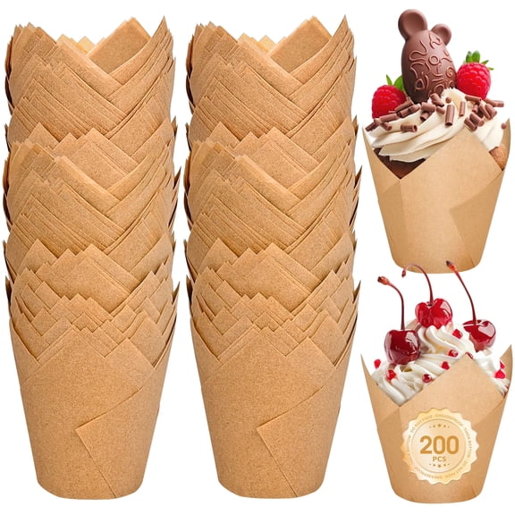 ReLuien Tulip Cupcake Liners, 200 Count Natural Unbleached Parchment Paper Muffin Cups, Greaseproof Baking Liners for Home Baking