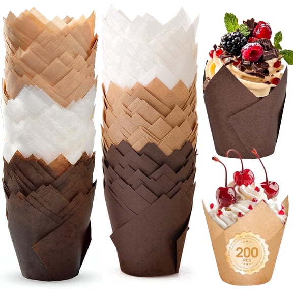 ReLuien Tulip Cupcake Liners, 200 Count Natural Unbleached Parchment Paper Muffin Cups, Greaseproof Baking Liner for Party and Wedding Decor