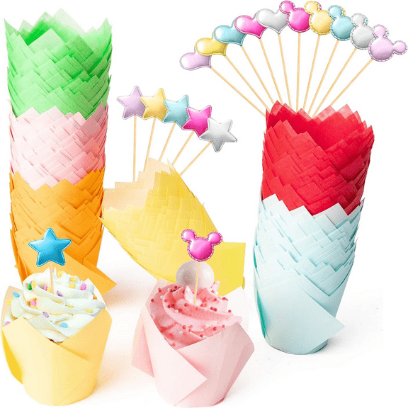 Tulip Cupcake Liners Set, 255Pcs Colorful Muffin Baking Cups Cupcake Baking Liners Holders for Dessert Rustic Cupcake Wrapper with Cupcakes Toppers Decor for Birthday Wedding Party Baby Shower