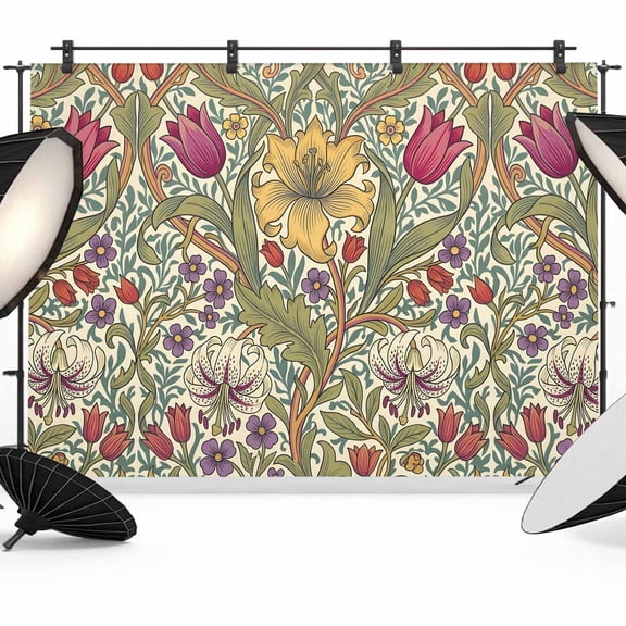 Tulip Daisy Lily Backdrops for Photography, Leaves Vines Rustic Floral Boho Fabric Photo Background Sturdy Studio Props for Photo Studio, Video Recording, Booth & Photoshoot 7x5ft