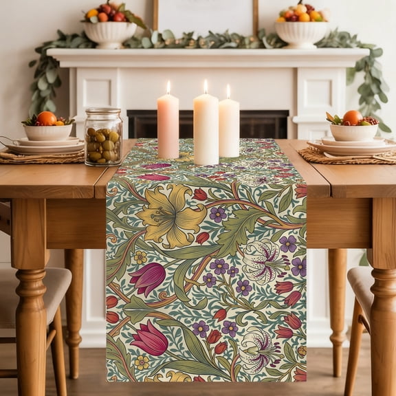 Tulip Daisy Lily Table Runner, Leaves Vines Rustic Floral Boho Washable Cotton-linen Table Runners Dining Kitchen Decoration for Everyday Home Wedding Party Decor, 13 x 36 Inch