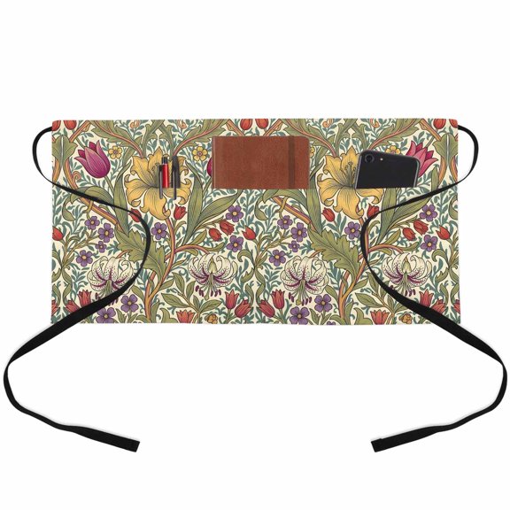 Tulip Daisy Lily Waitress Apron with 3 Pockets, Boho Rustic Leaves Wildflowers Botanical Server Aprons Waterproof Kitchen Restaurant Half Waist Apron for Men Women