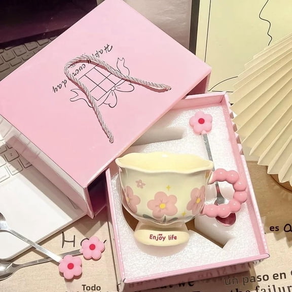 Tulip Design Ceramic Mug for Girls' Birthday Gifts, Gift Box Included, Floral Mug