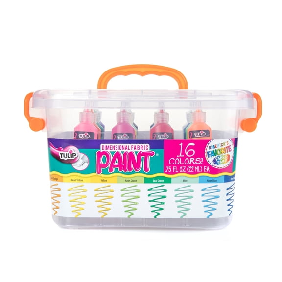 Tulip Puff Fabric Paint Big Box, Creative Party Kit, Includes Reusable Plastic Bin, Permanent 3D Paint for Fashion DIYs, Rock Painting, Arts & Crafts, Rainbow Colors, 16-Pack