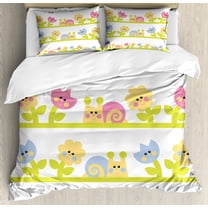 Tulip Duvet Cover Set, Cartoon Character Bees Tulip and Daisy Flowers Snails Garden Pattern, Decorative 3 Piece Bedding Set with 2 Pillow Shams, Calking Size, Pale Green Pale Blue, by Ambesonne