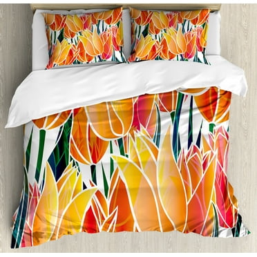 Tulip Duvet Cover Set, Exquisite Flourishing Garden Vivid Colored Endless Petals Eco Illustration, Decorative 3 Piece Bedding Set with 2 Pillow Shams, Calking Size, Orange, by Ambesonne