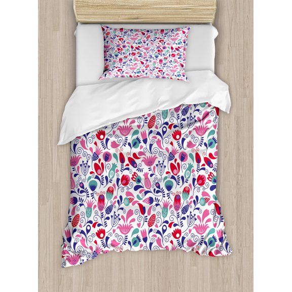 Tulip Duvet Cover Set, Floral Background with Linked Swirling Tulip and Branches Fresh Ornate, Decorative 2 Piece Bedding Set with 1 Pillow Shams, Twin Size, Pink Teal Red, by Ambesonne