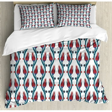 Tulip Duvet Cover Set, Ottoman Art Tied Vertical Bound Mosaic Motifs Leaf Details Print, Decorative 3 Piece Bedding Set with 2 Pillow Shams, Calking Size, Red Teal, by Ambesonne