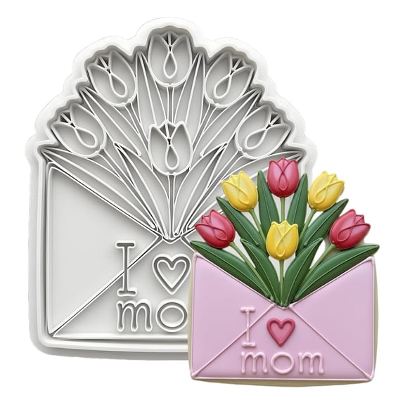 Tulip Envelope I Love Mom Cookie Cutter and Stamp, 3.5 Inch, Plastic Baking Mold for Mother's Day