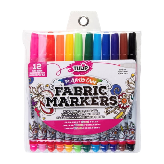 Tulip Permanent Fabric Markers Rainbow 12-Pack - Fine Tip, Minimal Bleed & Fast Drying - Quality for T-shirts, Clothes, Shoes, Bags & Other Fabric Materials