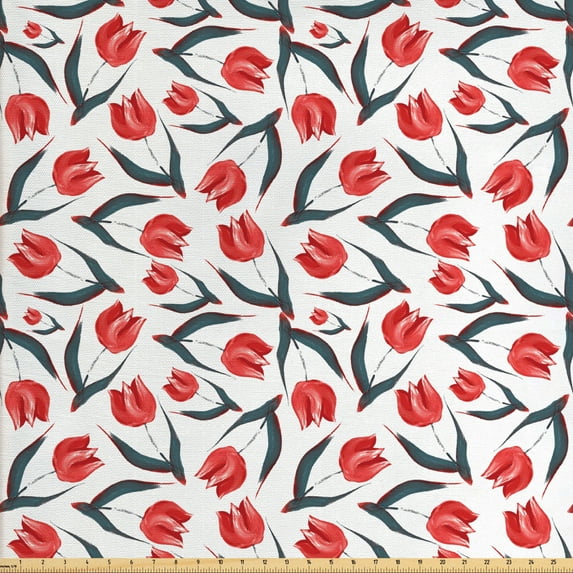 Ambesonne Floral Fabric by the Yard Upholstery, Vintage Inspired Tulips Art, 5 Yards, Red Green