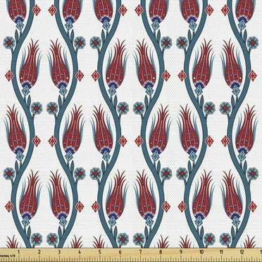 Ambesonne Teal Fabric by the Yard Upholstery, Ottoman Style Floral Art, 1 Yard, Red Teal