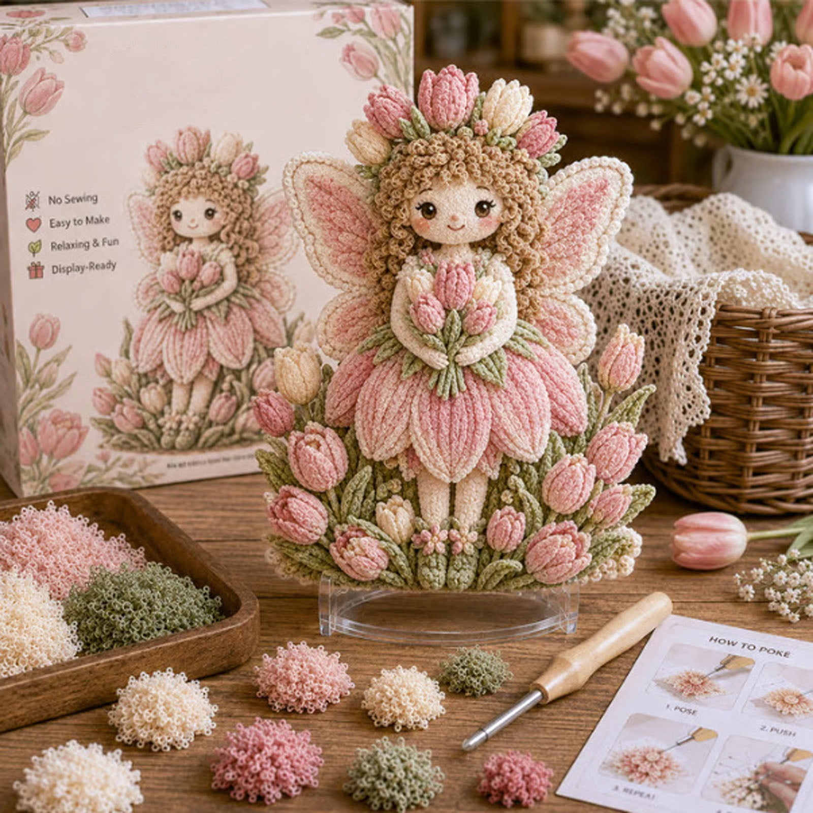 Tulip Fairy Punch Needle Kit, DIY Fabric Craft Set with Pink Flowers ...