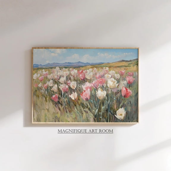Tulip Field Poster, Spring Poster Wall Art, Vintage Botanical Landscape, Spring Floral Decor, Countryside Landscape Art Downloadable S285, Size 8x12 UNFFRAMED F03.1.7l2296