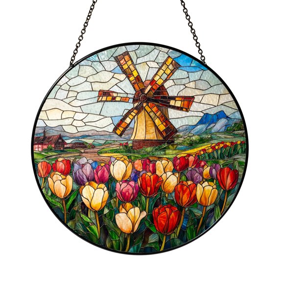 Tulip Field Windmill Window Suncatcher, Faux Glass Inspired Spring Panel for Bright Floral Home Decor