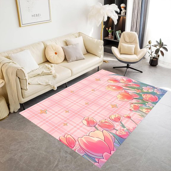 Tulip Floral Area Rug, Yellow Star Blush Pale Pink Cream Flowers Plaid Rug, Low Pile Durable Easy To Clean Durable Rugs For Bedroom Aesthetic Living Room Dining Room 1x2ft