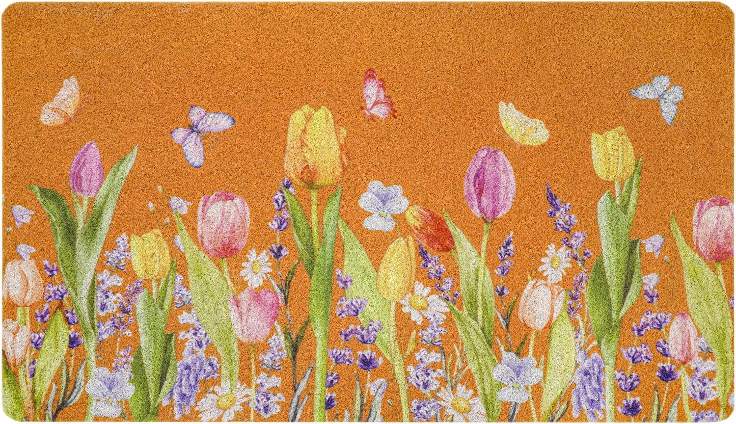 Tulip Floral Butterfly Coir Door Mat for Front Door, Spring Sumeer Flowers Outdoor Welcome Mats for Entrance,Garden,RV,Patio,Home Porch Decor Doormat 30x17 Inch