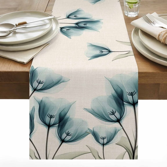 Tulip Floral Cotton Linen Table Runner Spring Green Flowers Linen Texture Dining Table Runners for Home Decor Party Dining Room Restaurant Kitchen 13" x 48"