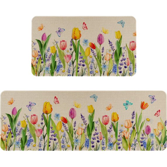 Tulip Floral Kitchen Rugs Set of 2,Spring Summer Seasonal Kitchen Mats for Floor,Non-Slip Washable Sink Mats Home Decor Doormat+Runner Rug