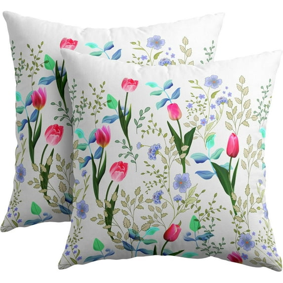 Tulip Floral Leaf Pillow Covers 16x16 Inch Set of 2 Spring Pink Purple Flowers Leaves Decorative Throw Pillows Seasonal Cotton Linen Pillow Cases Farmhouse Home Decor For Cushion Couch Sofa Outdoor
