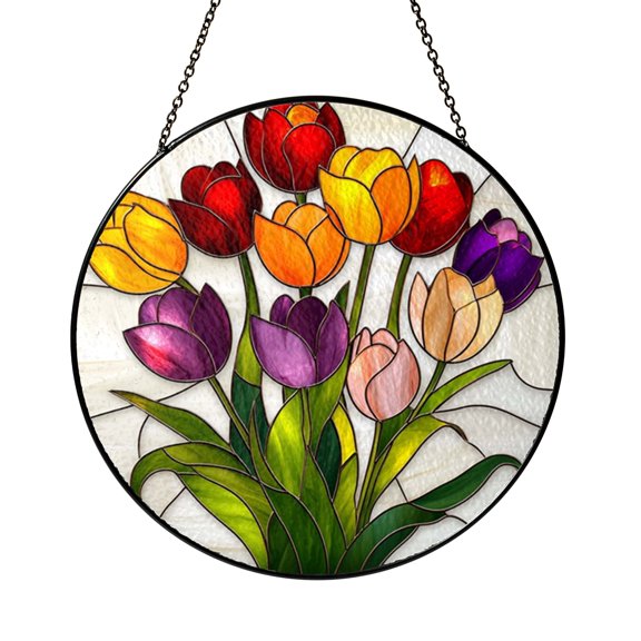 Tulip Floral Round Window Suncatcher – Vibrant Glass Hanging