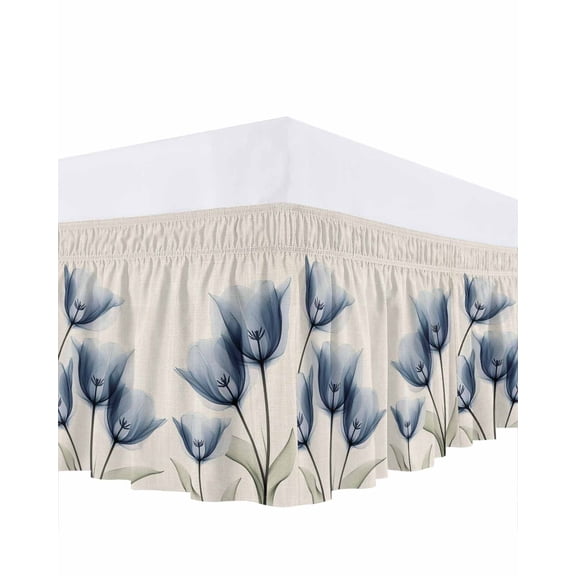 Tulip Floral Ruffle Bed Skirt King Size Spring Blue Flowers Linen Texture Adjustable Elastic Dust Bed Skirts Wrap Around Bedskirt Wrinkle Free Easy Fit with 16 Inch Drop