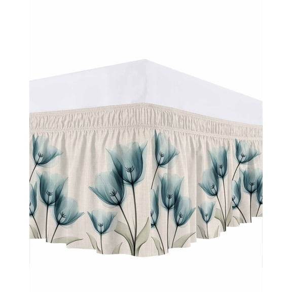 Tulip Floral Ruffle Bed Skirt Queen Size Spring Green Flowers Linen Texture Adjustable Elastic Dust Bed Skirts Wrap Around Bedskirt Wrinkle Free Easy Fit with 16 Inch Drop