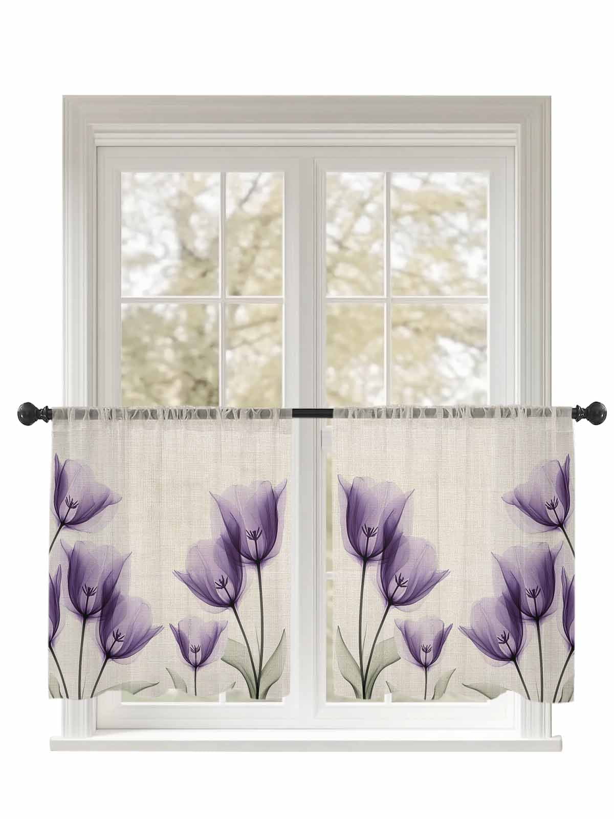 Tulip Floral Sheer Curtains 2 Panels Set Spring Purple Flowers Linen ...