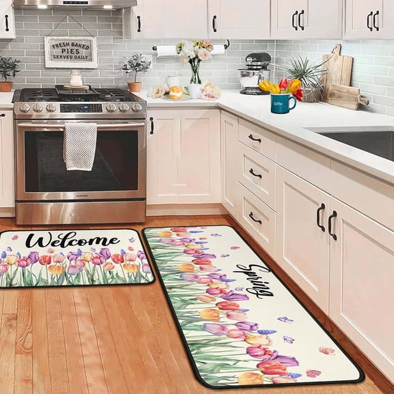 Tulip Floral Spring Decorative Kitchen Rugs Set of 2,Welcome Spring Summer Seasonal Holiday Decorations for Home Kitchen 17"x47"+17"x30"