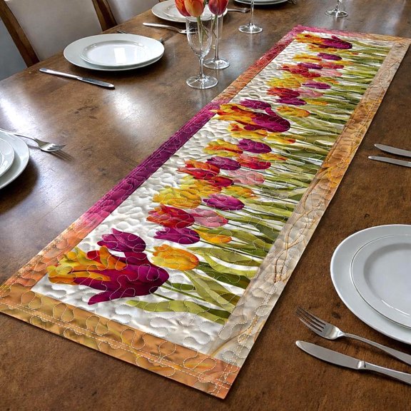 Tulip Floral Table Runner, Farmhouse Kitchen Table Decor, Spring Garden Dining Table Runner, Pink Flower Table Linen