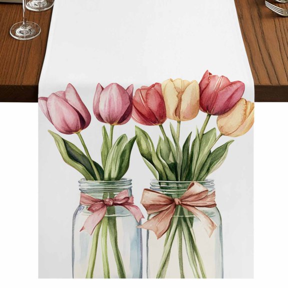Tulip Flower 48 Inch Table Runner, Spring Botanical Floral Leaf Bow Vase Farmhouse Dresser Scarf Cotton & Linen Tablerunner for Dining/Kitchen Island/Holiday Party Décor 13" x 48"