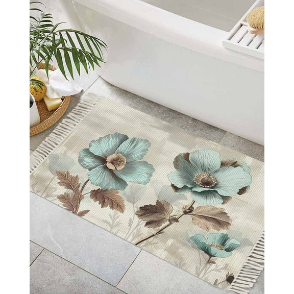 Tulip Flower Bath Rug 2x3ft Woven Bathroom Entryway Runner Rug,Teal Brown Vintage Floral Plant Botanical Washable Living Room Hallway Bedroom Kitchen Carpet with Tassels,Indoor Outdoor Throw Doormat