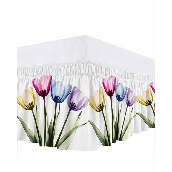 Tulip Flower Bed Skirt Queen Size 16" Drop Color Floral Transparent Vintage Ruffled Wrap Around Bed Skirts Adjustable Elastic Bedskirt Dust Ruffle for Queen Size Bed
