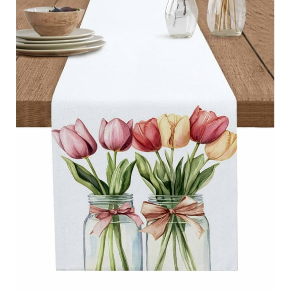 Tulip Flower Burlap Cotton Table Runner 13x60 Inches Long, Spring Botanical Floral Leaf Bow Vase Farmhouse Table Runners, Outdoor Dining Tablecloths Decor for Baby Shower/Party/Wedding