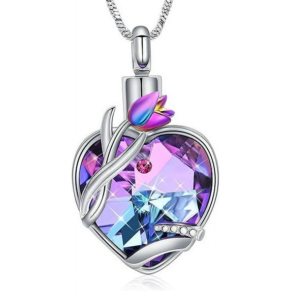 Tulip Flower Cremation Jewelry Crystal Heart Urn Necklace for Women Mom Memorial Ashes Keepsake Necklace of Loved One