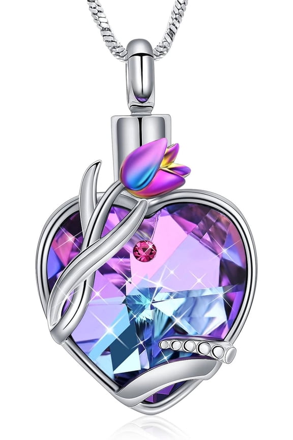 Tulip Flower Cremation Jewelry Crystal Heart Urn Necklace for Women Mom Memorial Ashes Keepsake Necklace of Loved One