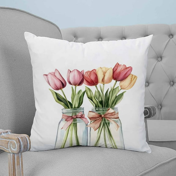 Tulip Flower Decorative Pillowcase 20''x20'', Spring Botanical Floral Leaf Bow Vase Throw Pillow Covers Soft Cushion Case for Couch Sofa Bedroom Living Room, Pillowcase Boho Decor