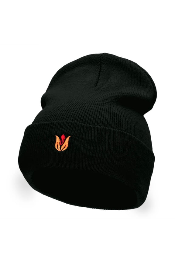 Tulip Flower Embroidered 12 Inch Knitted Long Beanie - Black OSFM