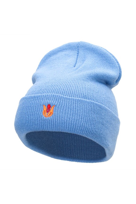 Tulip Flower Embroidered 12 Inch Knitted Long Beanie - Sky Blue OSFM