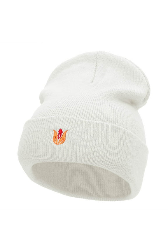 Tulip Flower Embroidered 12 Inch Knitted Long Beanie - White OSFM