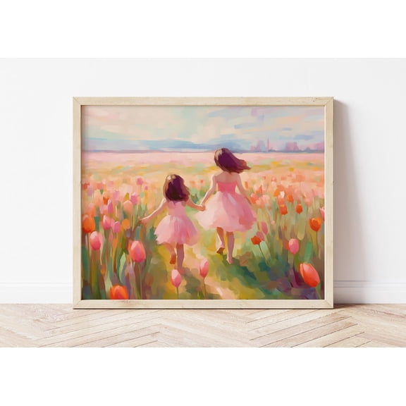 Tulip Flower Field Giclée Poster: Two Sisters Spring Wall Art, Unframed Poster Size 8x12