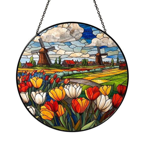 Tulip Flower Field Windmill Window Suncatcher Stained Glass Style Hanging Decor, Floral Landscape Decorative Panel Art for Window Decoration Garden Inspired Home Ornament