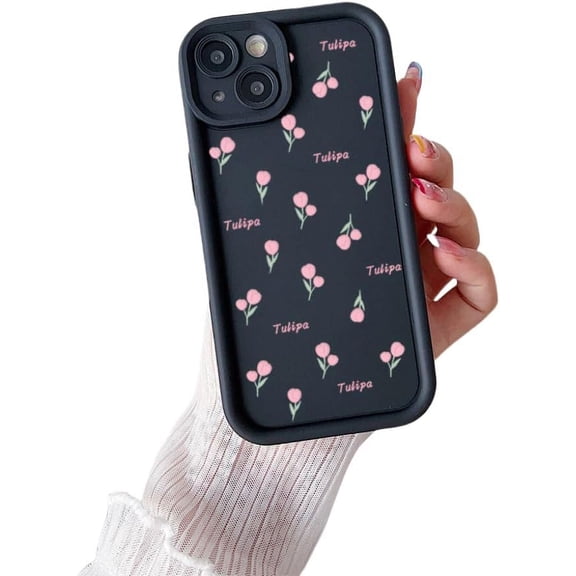 Tulip Flower Fine Hole All Inclusive Lens Phone Case, Soft Silicone, Small Fresh Design, Sweet Girls Love, for iPhone 15 14 13 12 11 Pro Plus XS XR X 7 8 Phone Case (Black,iPhone XR)