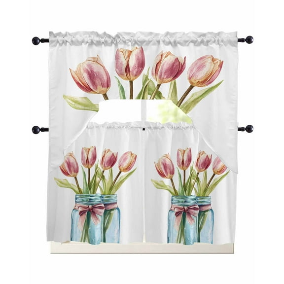 Tulip Flower Kitchen Curtains Sets 24 Inch Length with Valance, Spring Oil Painting Floral Leaf Bow Vase Swag Valances and Tiers Curtain Set Drapes Swag Curtains for Living Room, Bathroom, Bedroom
